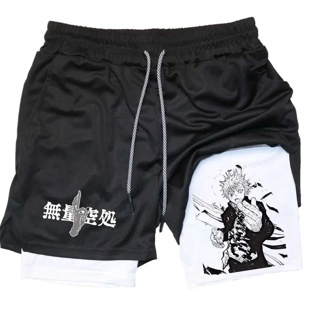Anime Jujutsu Kaisen 2 In 1 Performance Shorts Gojo Satoru Print Sportswear Men GYM Training Workout Male Fitness Sport ShortsXJ241104