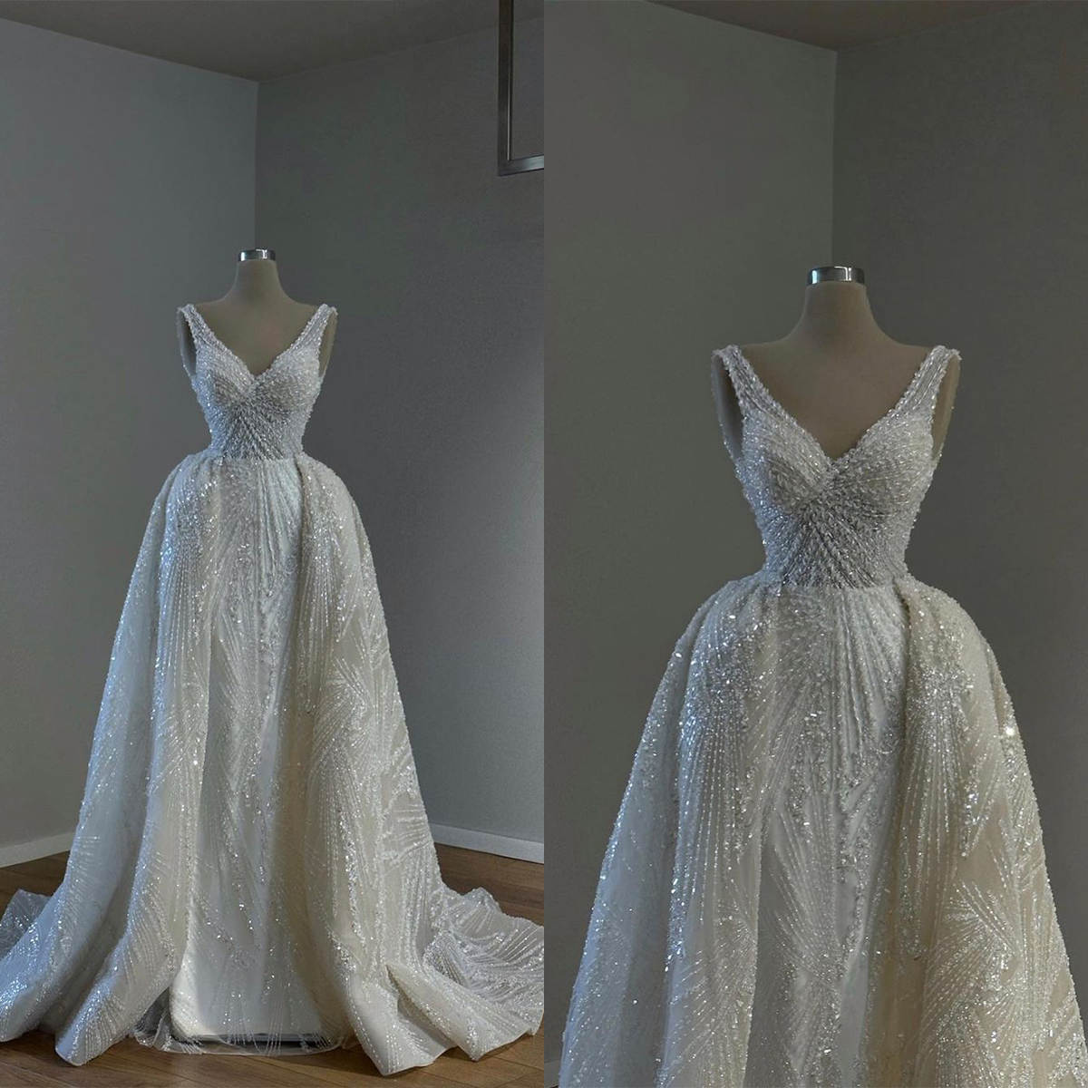 Customized Bling A Line Bride Gowns Beaded Sequins V Neck Wedding Dress Detachable Sweep Train Bridal Dresses Vestido De Novia