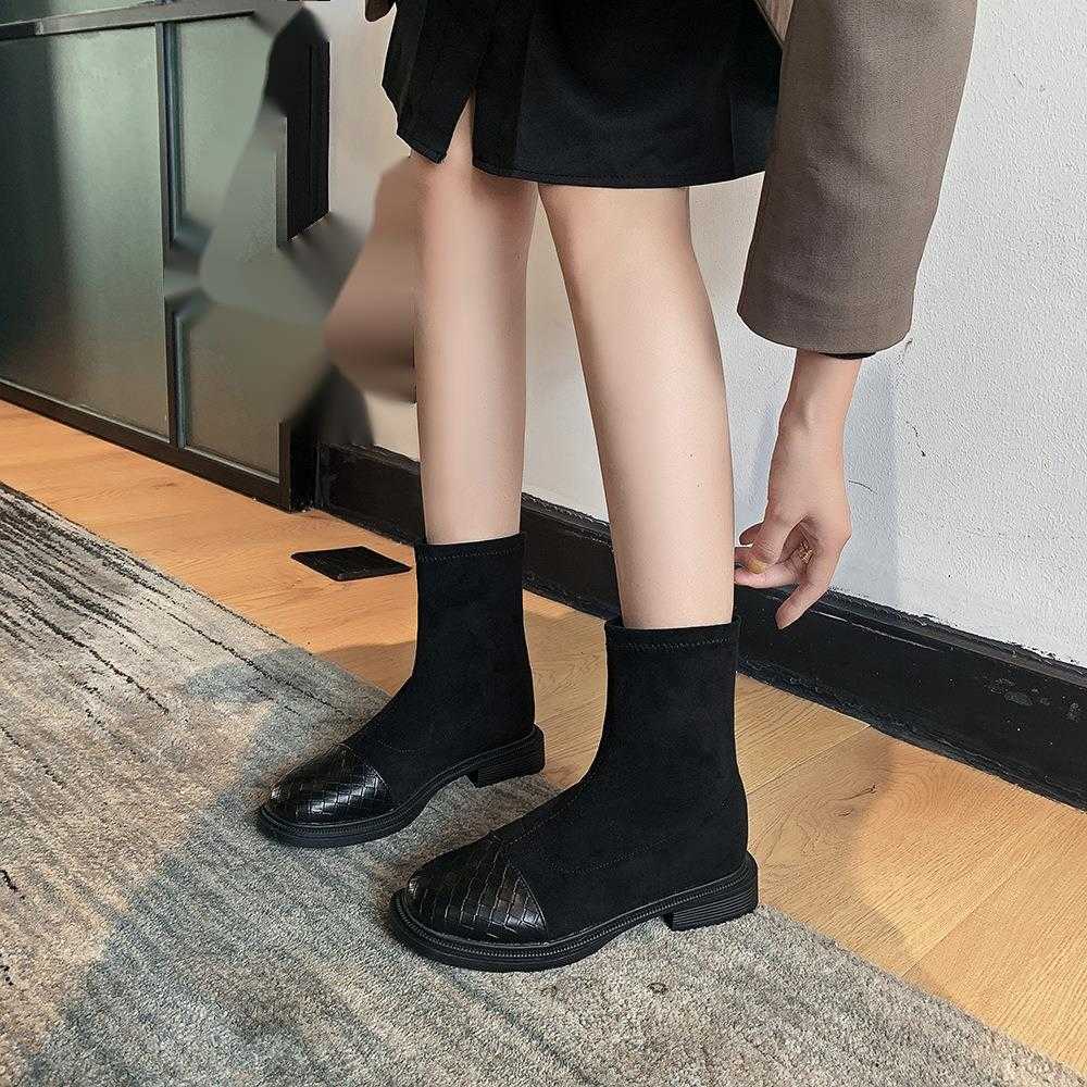 CMM Square Toe Short Boots for Women Autumn and Winter New Fashion Small Heel Elastic Boots Thick Heel Slimming Socks Boots Plush Boots