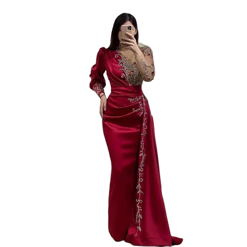 Elegant Arabic Burgundy Mermaid Evening Dresses Long Sleeves Beaded Lace Appliques Illusion Sheer One Shoulder Satin Prom Dress For Women 2025 Formal 