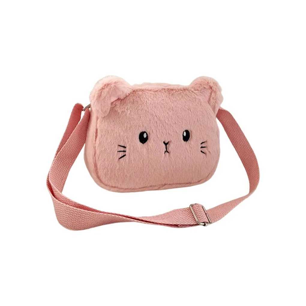 Cat Baby Girls Crossbody Bags Cute Plush Children Shoulder Bag Winter Animal Shape Small Coin Purse Black LX241104