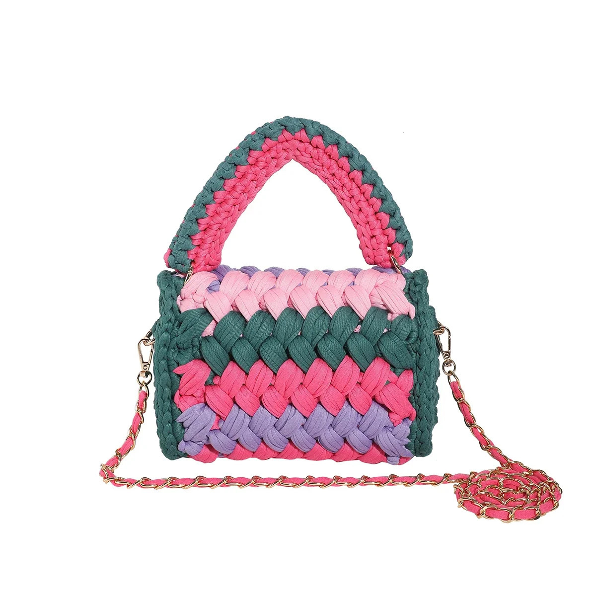 Knitting Bags for Women Handmade Woven Handbags with Chain Ladies Fashion Solid Color Square Crochet Bag 240320