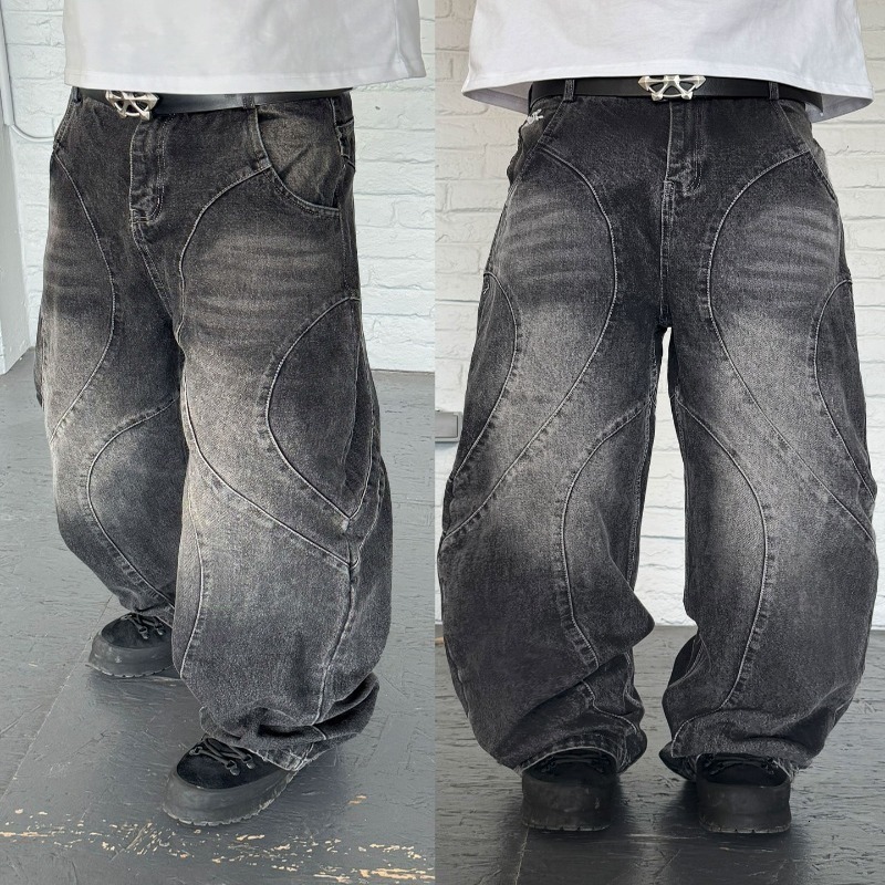 Y2K American Heavy Industry Geometry CrissCross Washed Baggy Jeans Men Streetwear Vintage Fashion Punk Casual Couple 241029