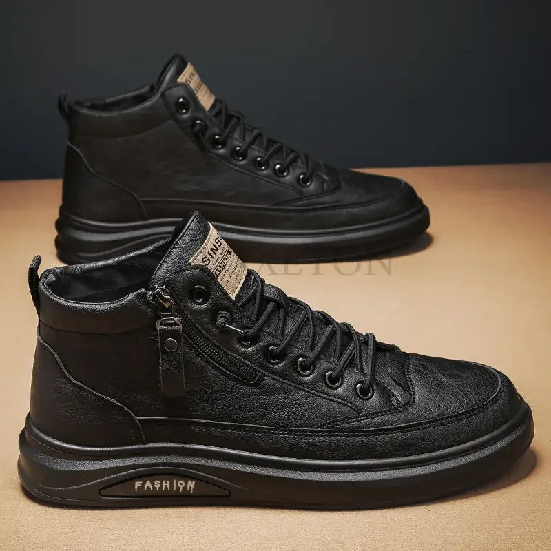 Men leather casual shoes 2024 fashionable and comfortable soft men high top side zipper mid sports 241104