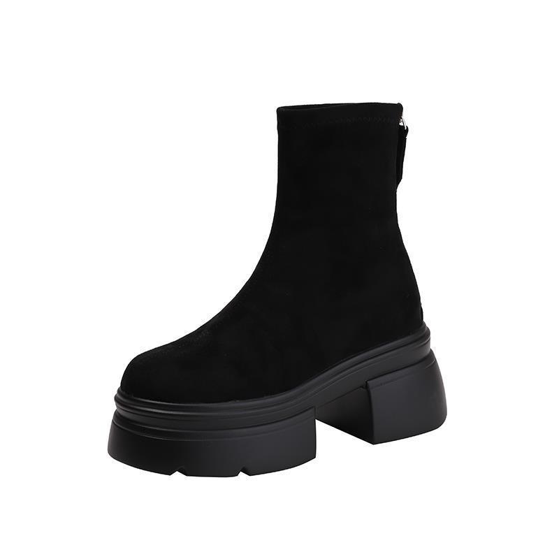 2024 Women's Martin Boots: High-Heel Suede Skinny Boots, Thick Sole, Height Boosting, Minimalist Design, Black/Apricot, Free Shipping 3f24