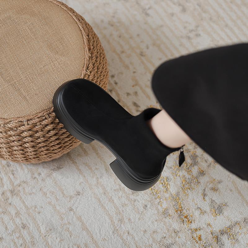 2024 Women's Martin Boots: High-Heel Suede Skinny Boots, Thick Sole, Height Boosting, Minimalist Design, Black/Apricot, Free Shipping 3f24