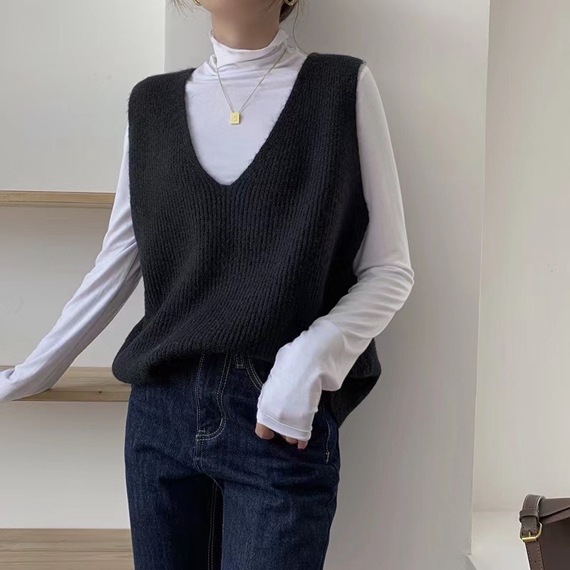 Japanese Korean Minimalist Style Solid Color V Neck Casual Knitted In Autumn And Winter New Pullover Camisole Layered Vest For Women F1104#29