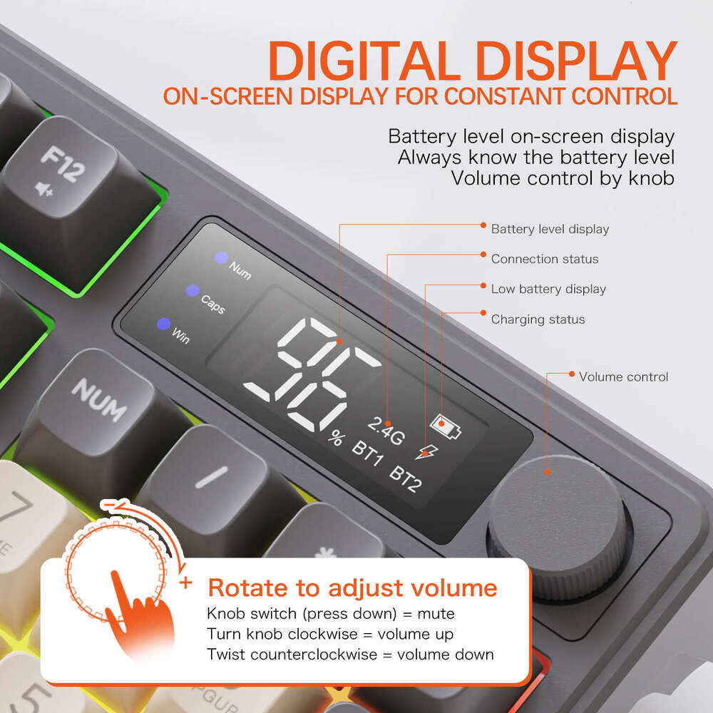 M96 Bluetooth Keyboard,2.4G Dual Mode Connection,Battery Digital Display,Multimedia Knob, Colourful Light,PC Notebook