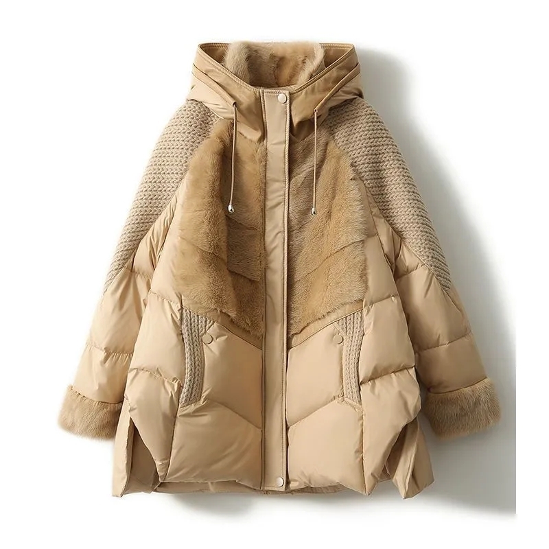 Womens Hooded Down Winter Jacket 2024 Knitting Splice Warm Coat Women Cotton Clothes Parka