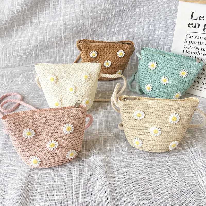 Summer Childrens Straw Woven Messenger Bag Lovely Girls Small Coin Purse Handbags Baby Kids Mini Shoulder Bags Princess Wallet LX241104