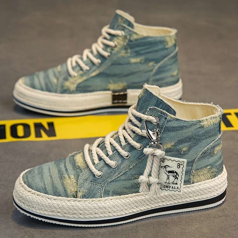 Distressed Denim High Top Skate Shoes With Good Grip, Breathable Lace-up Sneakers, Men's Footwear, Espadrilles Inspired Look.
