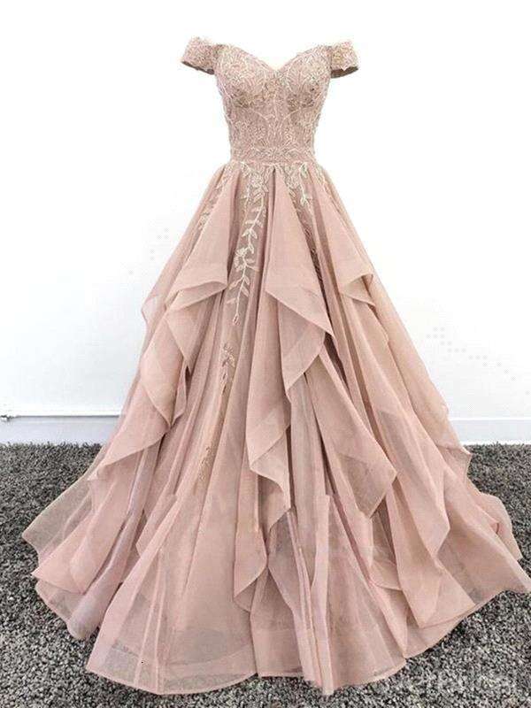 Pink Dusty Prom Off Shoulder Sequin Applique A E V Neck Tiered Tulle Or Length Evening Dress Bc vening