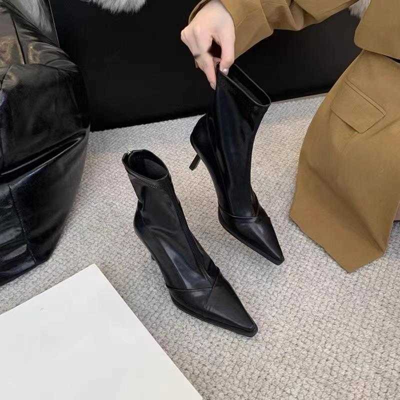 CMM French Thin Heel Pointed Thin Boots High Heels Bare Boots Womens Short Boots Autumn and Winter New Single Boots Korean Version Fashion Boots