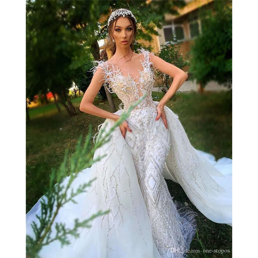 Real Pictures Crystal Beaded Mermaid Wedding Dresses With Detachable Train Appliqued Feathers Saudi Arabic Dubai Bridal Gown Cph032