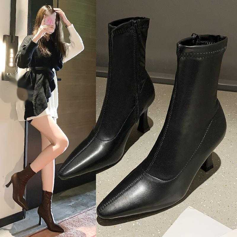 CMM Short Boots for Women Autumn New Elastic Slim Boots Pointed Thin Heels High Heels Mid Calf Boots Minimalist Single Boots