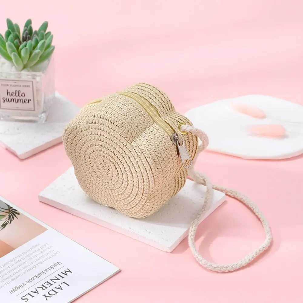 Childrens Straw Shoulder Bags Beach Bag Coin Purse Kids Flower Woven Crossbody Bag LX241104