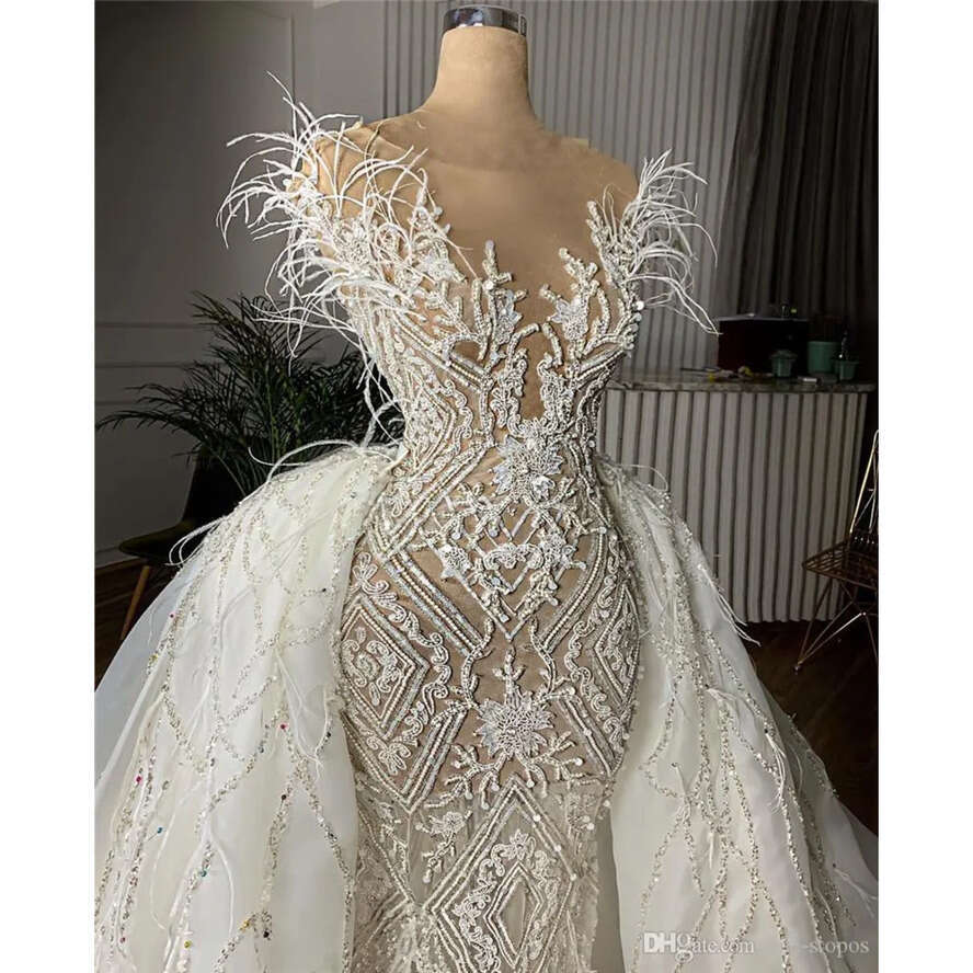Real Pictures Crystal Beaded Mermaid Wedding Dresses With Detachable Train Appliqued Feathers Saudi Arabic Dubai Bridal Gown Cph032