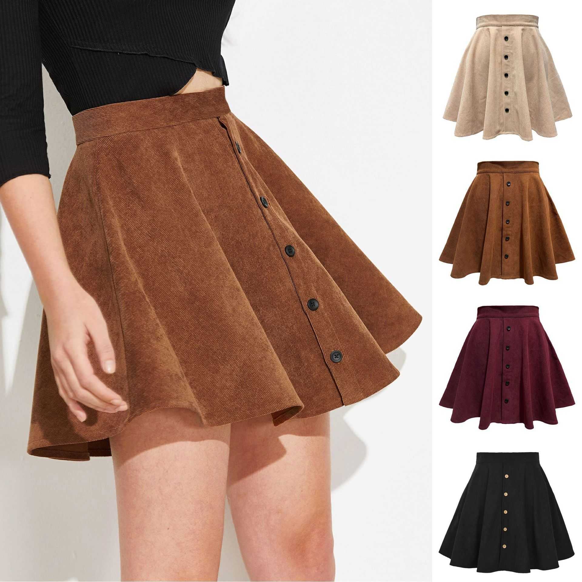 WoMens Solid Color Corduroy Short Skirt Autumn And Winter Career Skirts Fashion Sweet Single Row Button High Waist Umbrella Skirt 241023