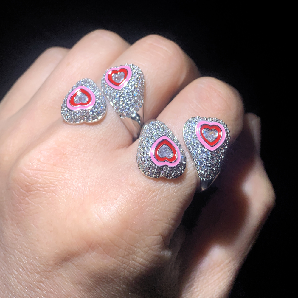 Colorful Enamel Heart Cubic Zirconia Adjustable Finger Rings