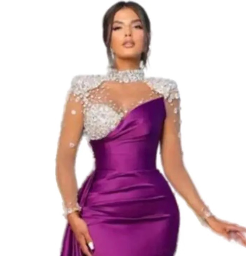 Purple Prom Dresses Party Gown Mermaid Trumpet Girl Illusion Beaded Crystal Applique Sequins New Custom Plus Size Formal High Neck Long Sleeve Elastic