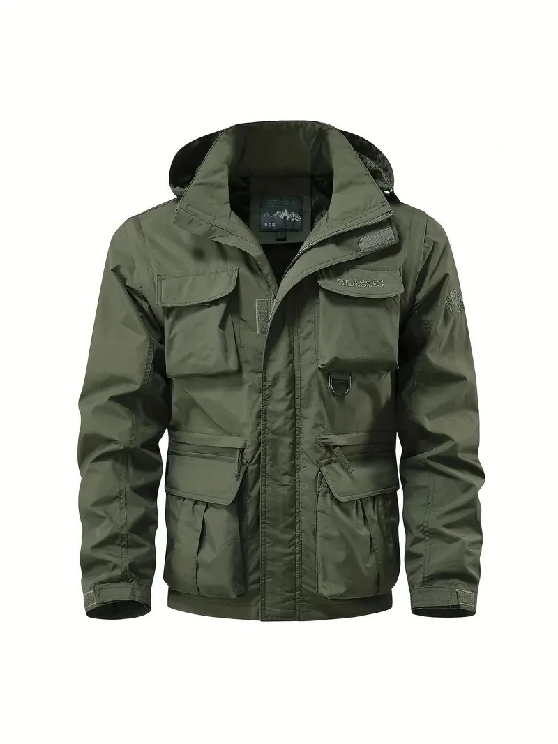 Detachable windproof sleeved hooded jacket suitable for outdoor activities mens casual waterproof multi pocket vest 241104