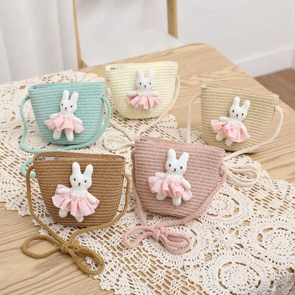 Bunny Mini Straw Bag Summer Beach Zipper Handmade Woven Kid Messenger Bags Coin Purse Photo Props Crossbody Handbag LX241104