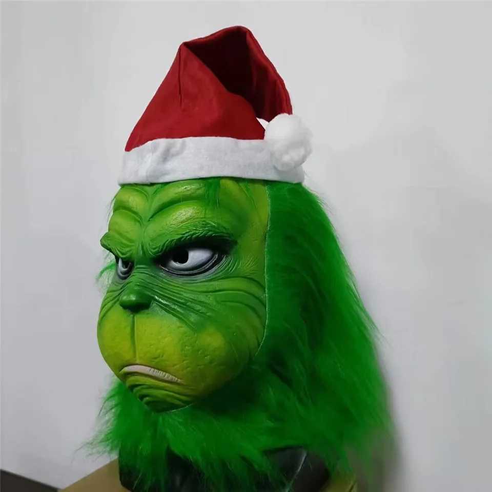 Quty Green Grinch Mask Christmas Halloween Cosplay Green Fur Monster Masque Props Anime Latex Head Gear Gloves Grinch Masque Y241101
