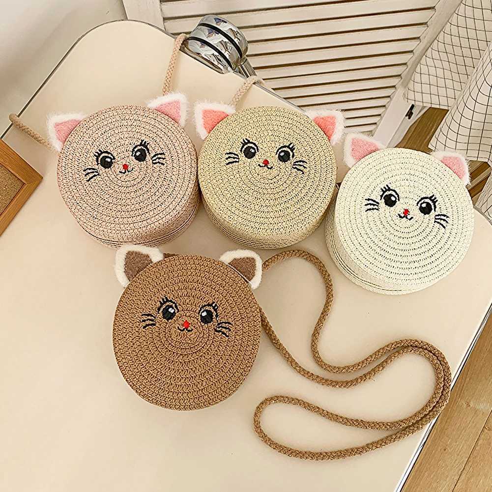 Cute Cat Beach Bag for Kids Fashion Small Round Straw Bag Casual Handmade Woven Shoulder Bag Solid Color Zipper Crossbody Bag LX241104