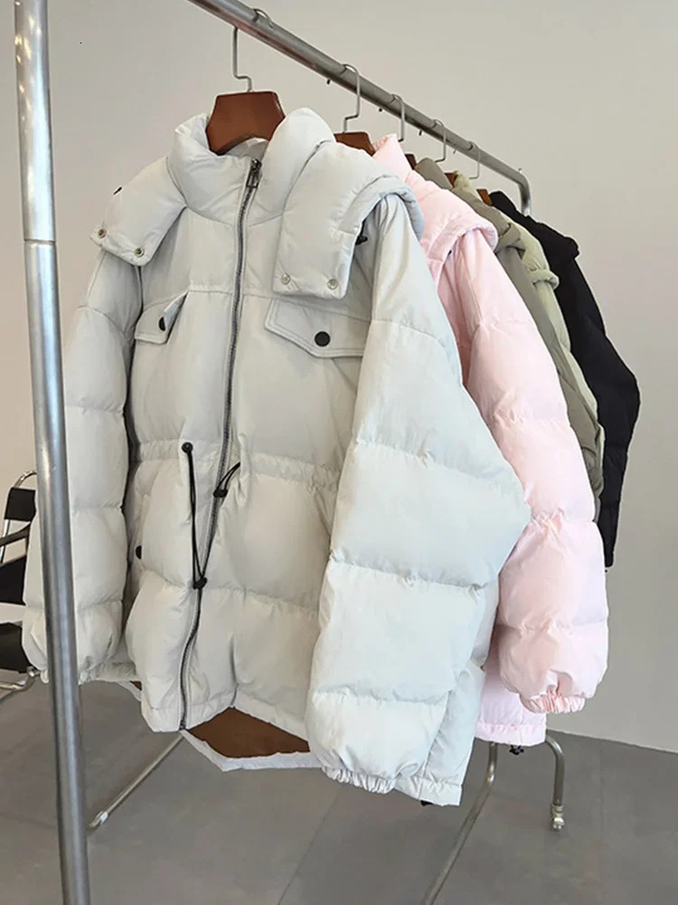 Women White Duck Down Thick Loose Sleeve Winter New Drawstring Hooded Puffer Jacket Medium Long Female