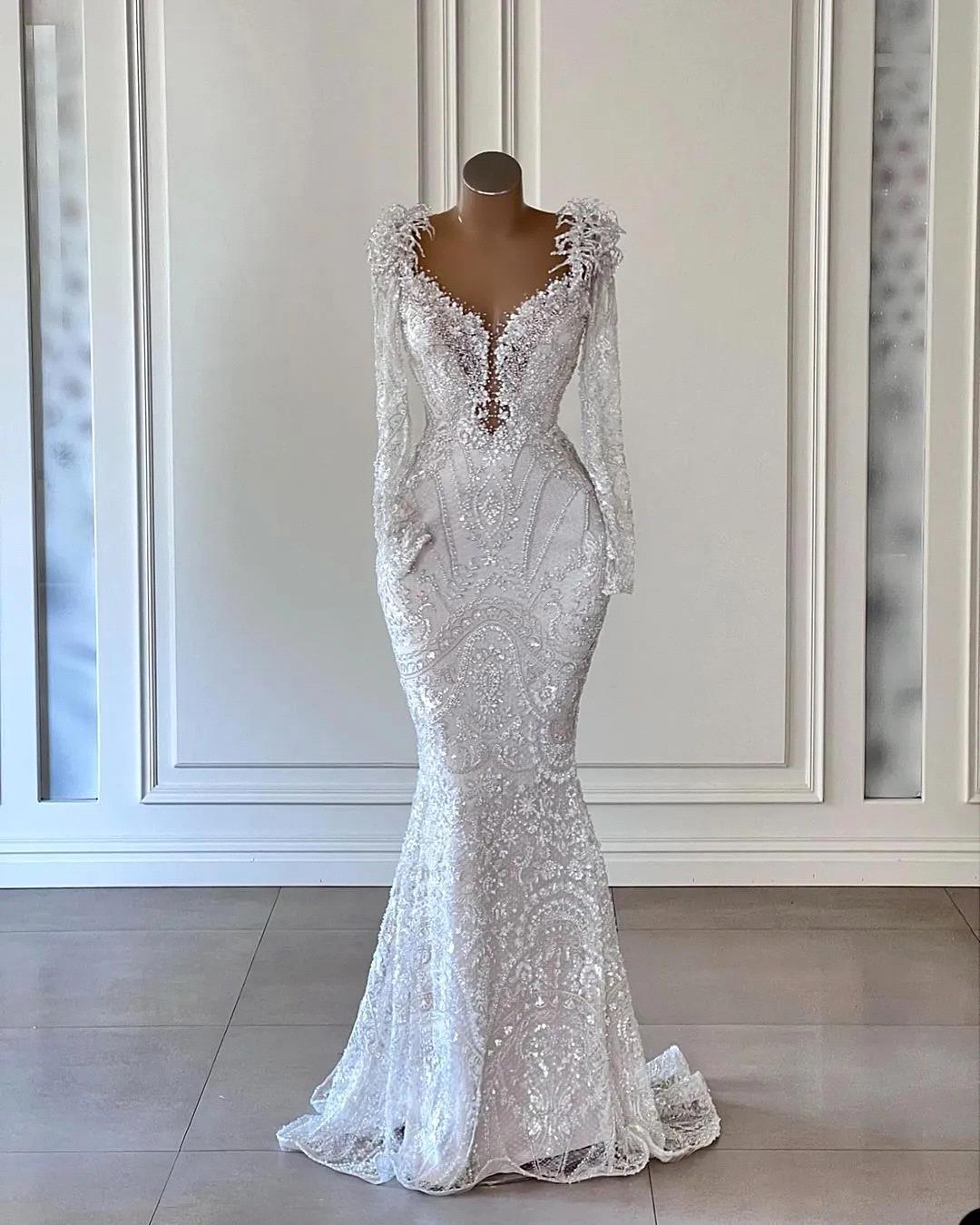 D Sparkly Wers Wedding Dresses Sexy V Neck Long Sleeve Beads Lace Bridal Gowns Romantic Bride Dress Robe De Mariee Bc resses ress e