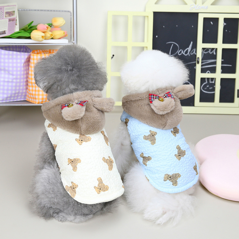Classic Dog Coat Warm Pet Clothes in Autumn Winter Bear Priting Dog Jacket with Hat Fleece Lined