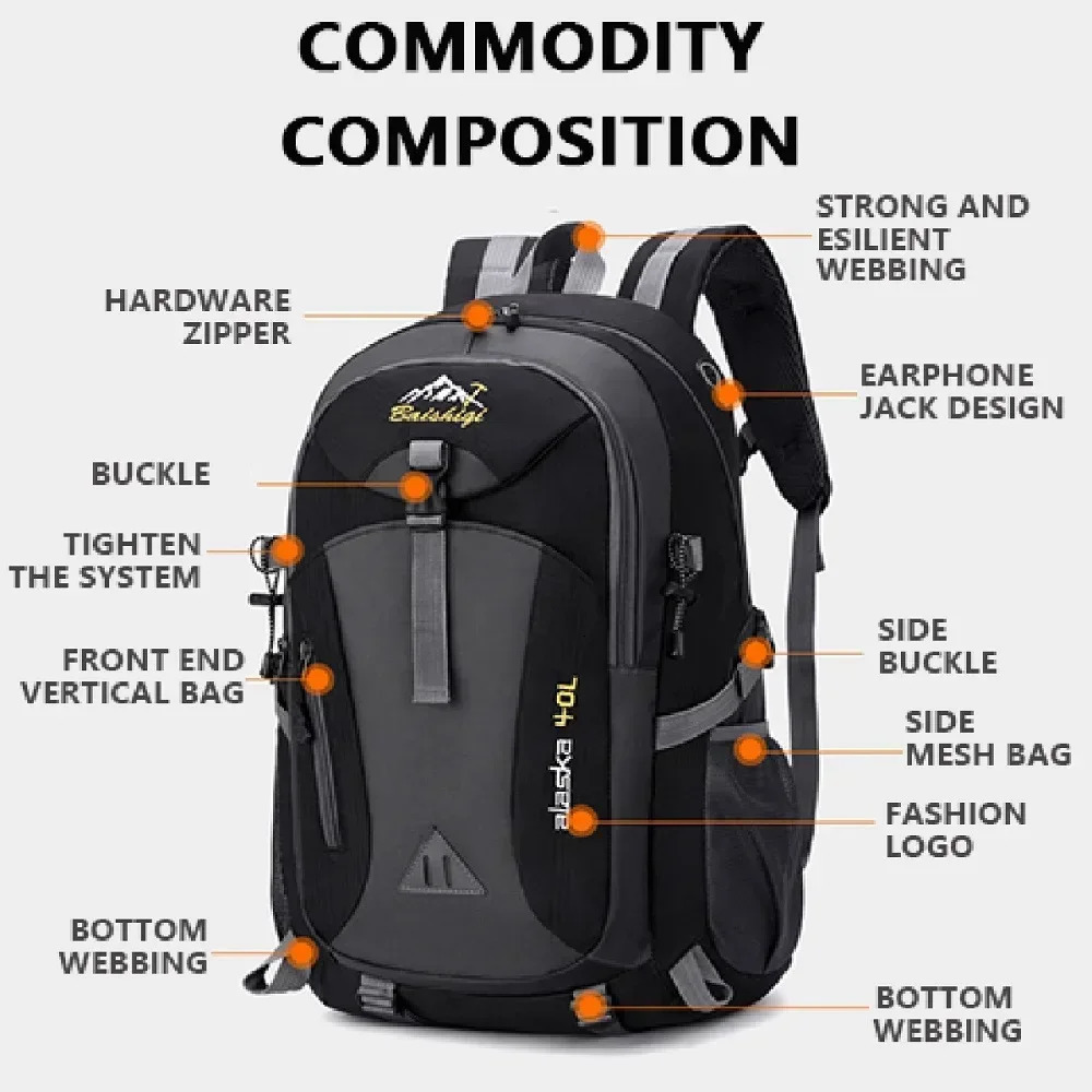 Waterproof travel backpack 40L mens climbing travel bag hiking backpack outdoor sports backpack high-quality nylon 241031