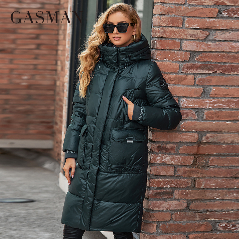 GASMAN 2022 Down Jacket Long Classic Zipper Design Big Pocket Stand Collar Hooded Slim Coat Women Parkas Ld-21715