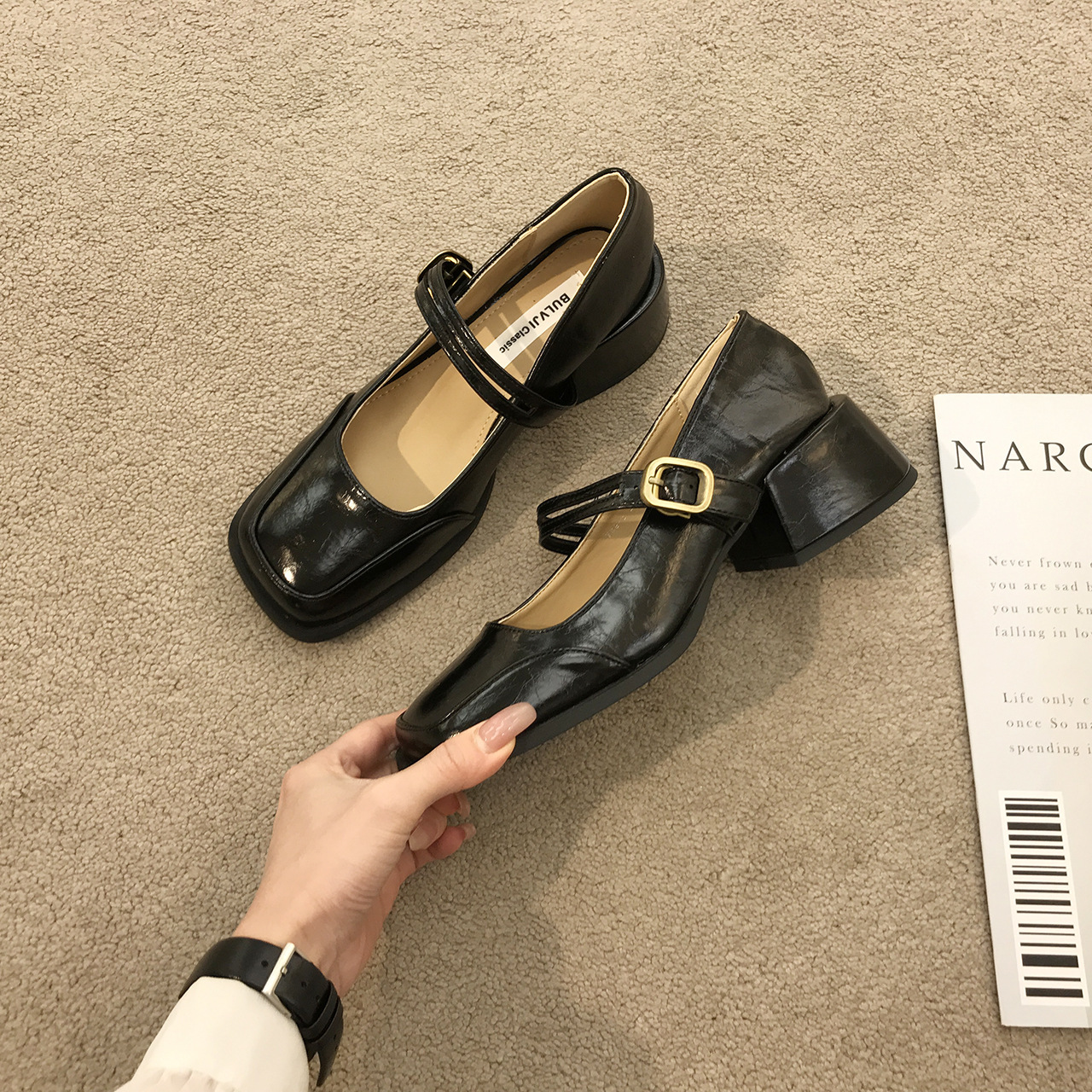 Women's Fashion Dress Shoes:High Heel French Retro Square Toe Chunky Heel Mary Jane Shoes Leather,Black/Brown/Apricot,Free shipping