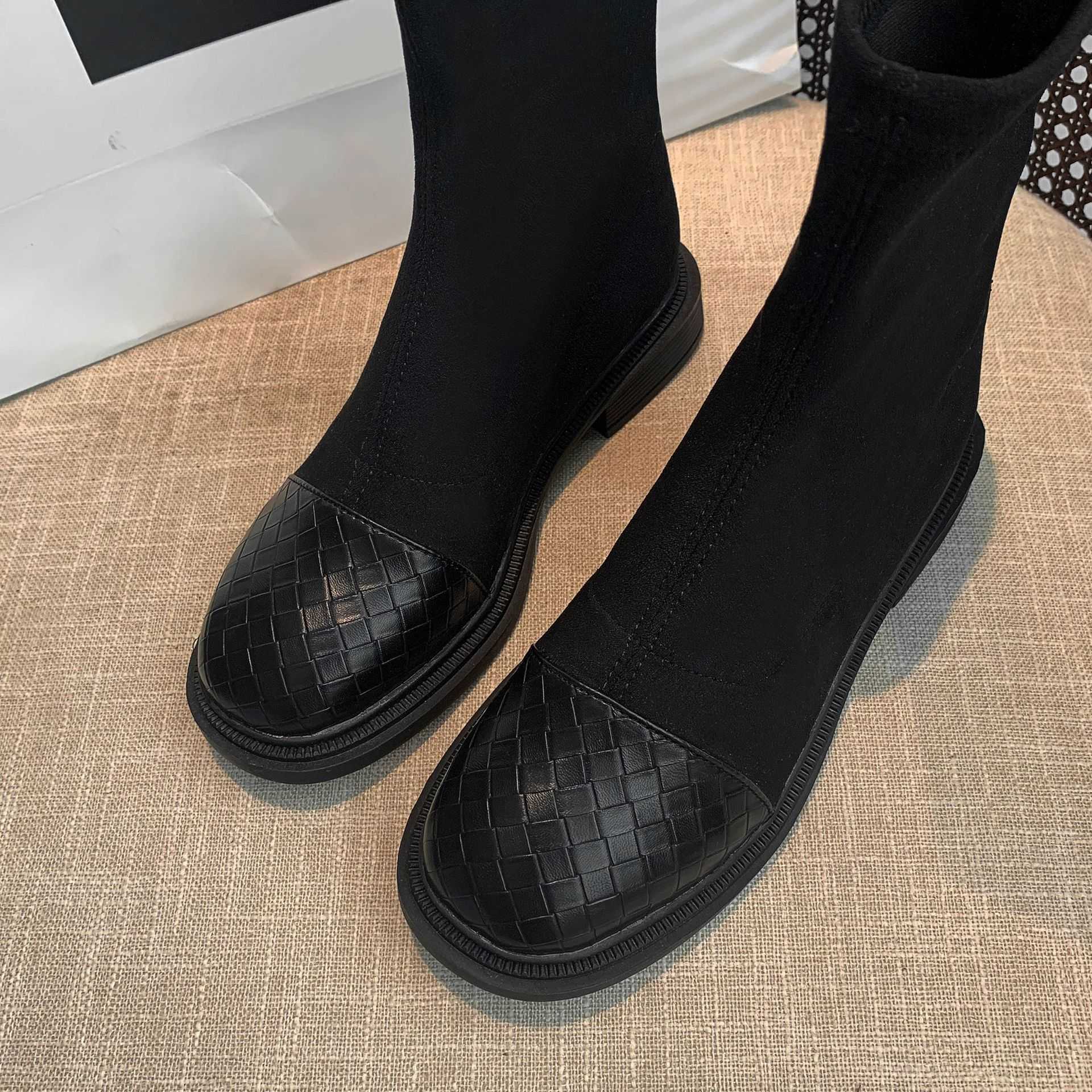 CMM Square Toe Short Boots for Women Autumn and Winter New Fashion Small Heel Elastic Boots Thick Heel Slimming Socks Boots Plush Boots