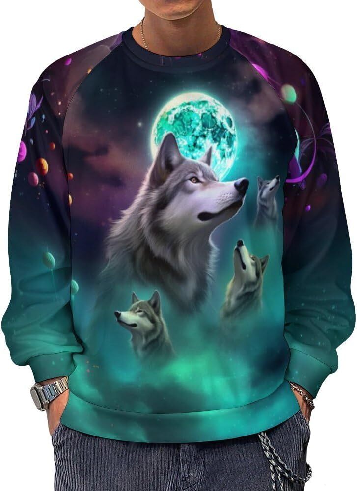 Long Sleeve Shirts for Men sweatshirt Funny Wolf Printed Pullover Animal Graphic Sweatshirt T shirt Tee Streetwear Casual tops clothes