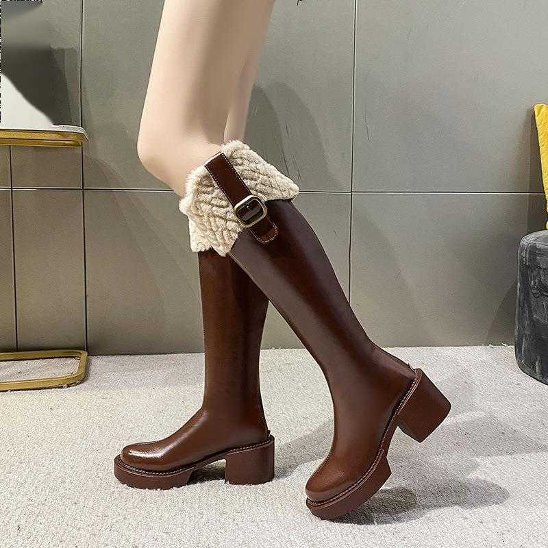 CMM Small Height High Heeled Hairy Long Boots for Women Autumn and Winter New Fashion Long Boots Plush Mouth Knight Boots