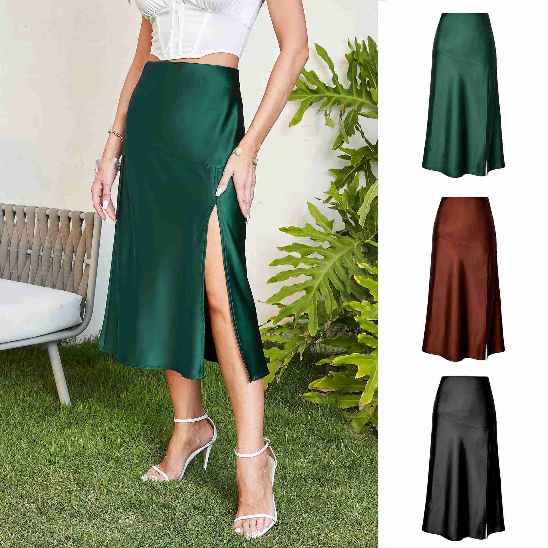 High-waist Glossy Satin Hip-hugging Skirt High-end Silky Solid Color Fish Tail Dress Split Long Skirt Large Swing Women Skirt Vintage Career Skirts 24