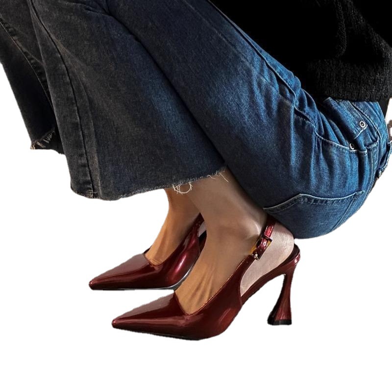 Women's New Wine Red Versatile Slim Heeled Pointed High Heels.
