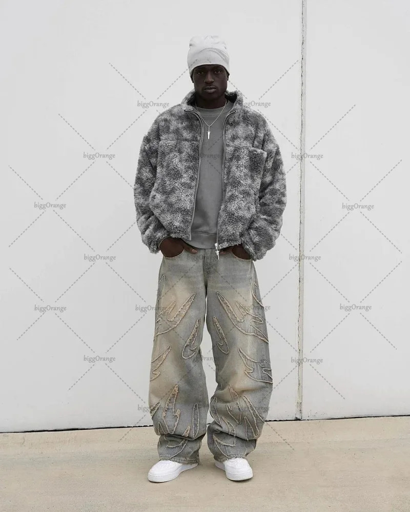 Street Hip-hop Raw Edge Washed High-waisted Jeans Y2k Men Harajuku Retro High Street Oversized Straight Wide-leg Pants Women 240319