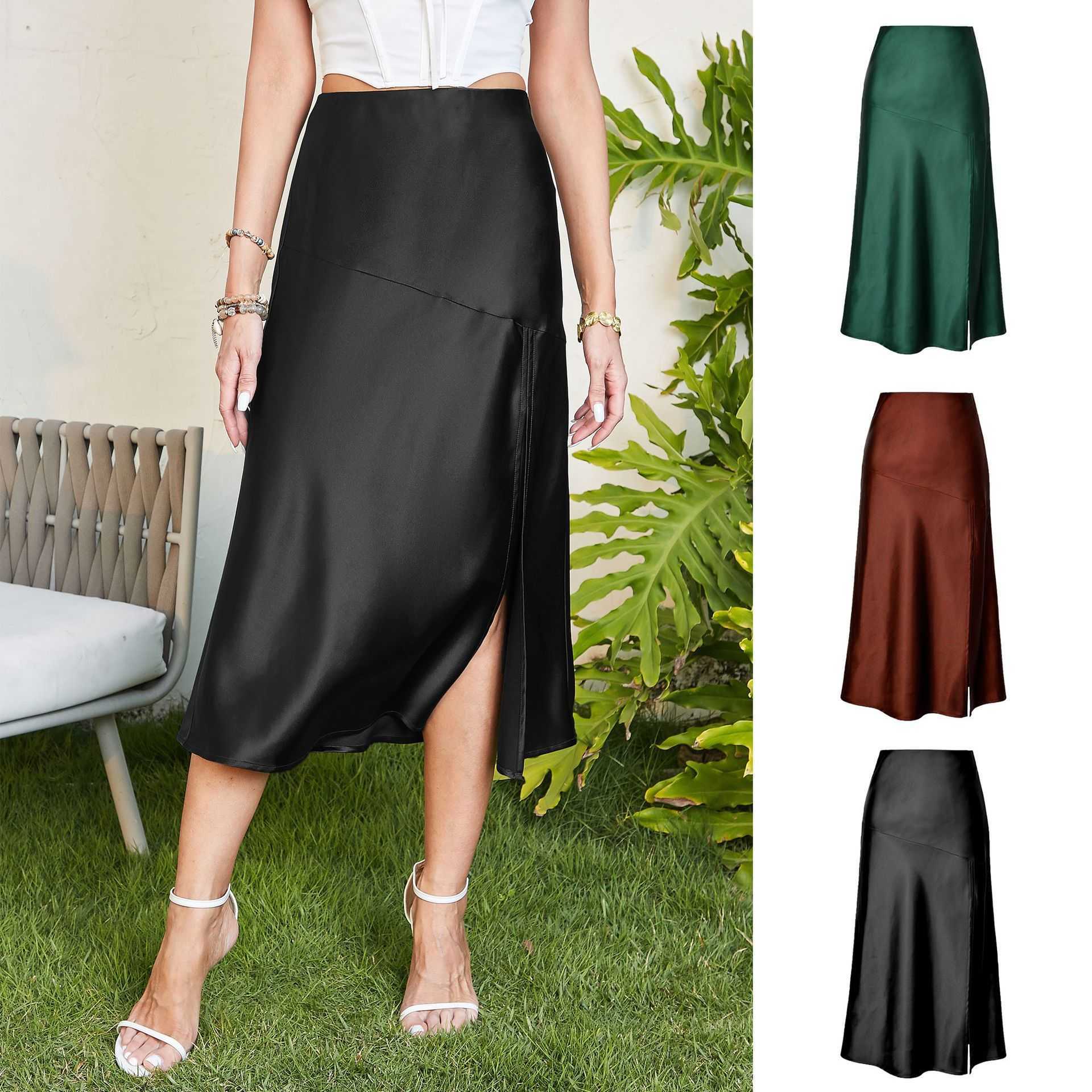 High-waist Glossy Satin Hip-hugging Skirt High-end Silky Solid Color Fish Tail Dress Split Long Skirt Large Swing Women Skirt Vintage Career Skirts 24