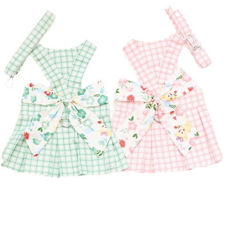 Coolgle Pet Dog Clothes Supplier Pink Green Harness Clothes Matching Dog Leash Cotton Pet Clothes Spring Summer Dog Dress
