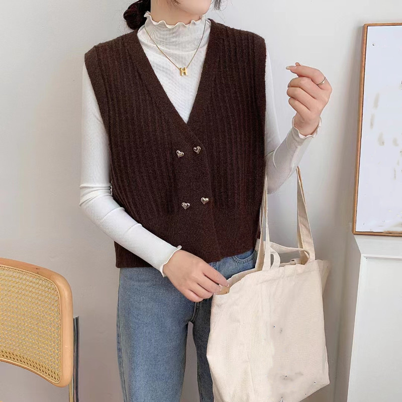Sweater Double Breasted Vertical Stripes Autumn And Winter New Sleeveless Knitted V Neck Cardigan Women Vest F1104#29