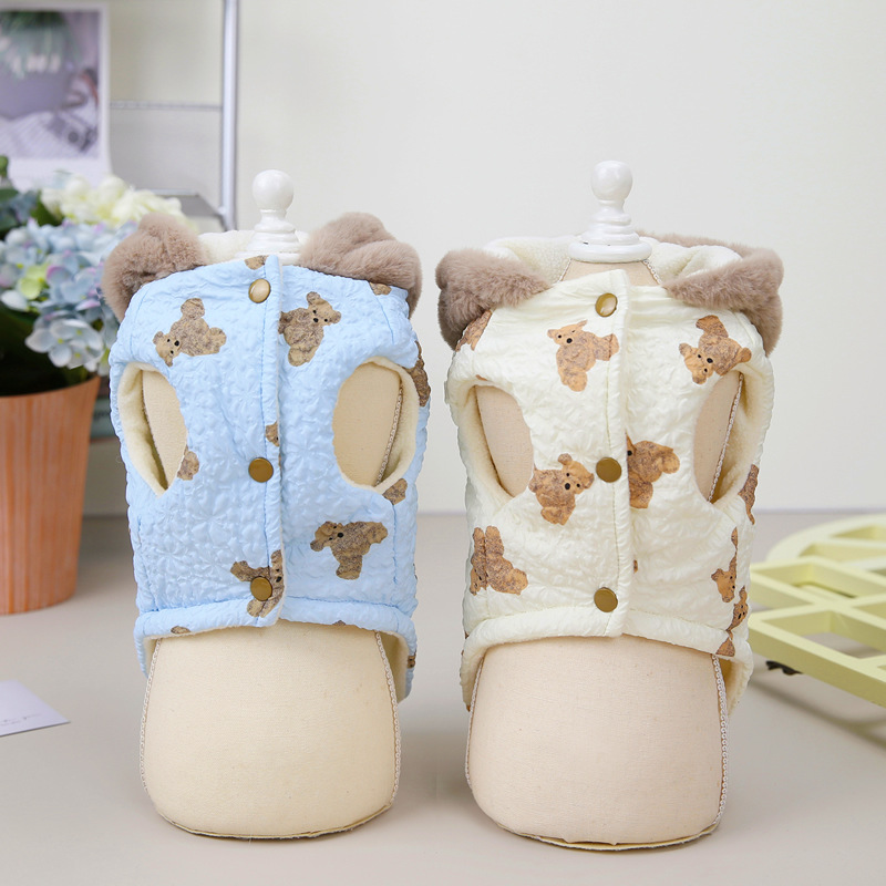 Classic Dog Coat Warm Pet Clothes in Autumn Winter Bear Priting Dog Jacket with Hat Fleece Lined