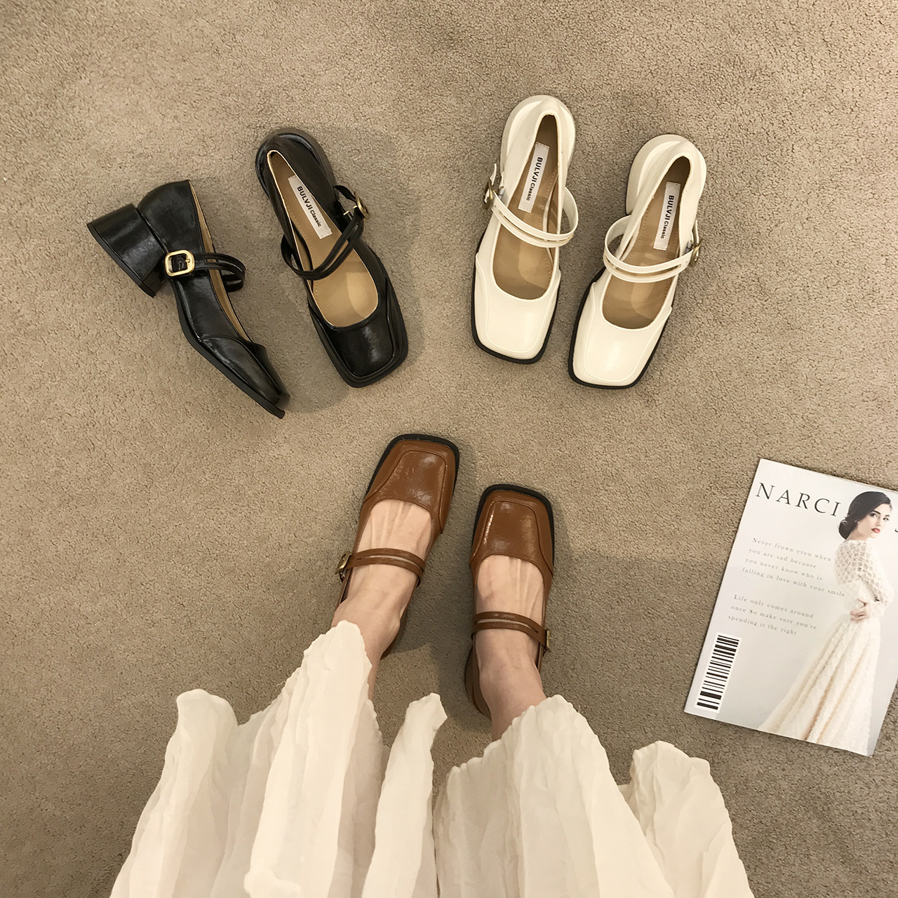Women's Fashion Dress Shoes:High Heel French Retro Square Toe Chunky Heel Mary Jane Shoes Leather,Black/Brown/Apricot,Free shipping