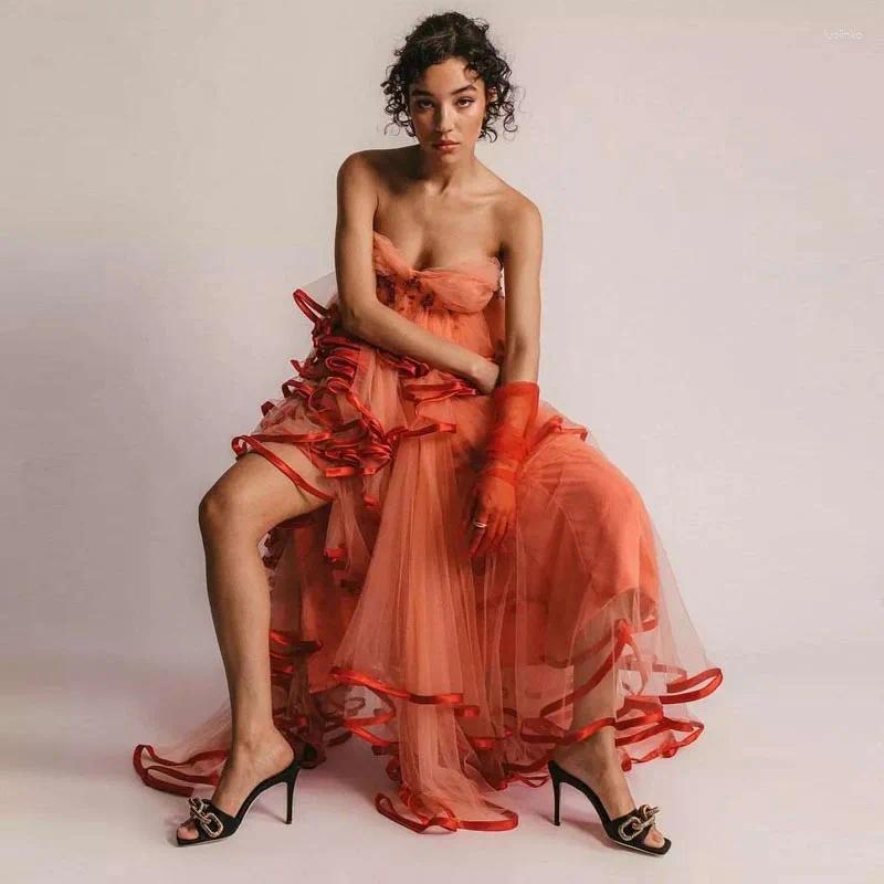 Casual Dresses Fashion Dusty Orange Strapless Draped Ruffles Tulle Hi Low Tiered Pleated Women Dress Long Summer Party