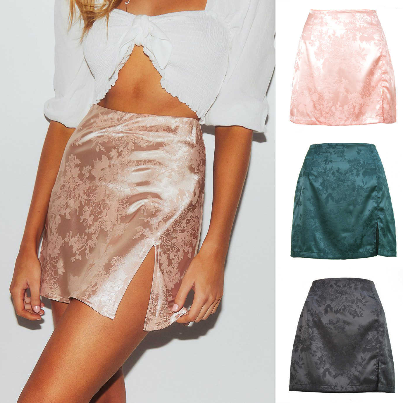 Sexy Jacquard Satin Short Skirt Women Vintage Skirt Spring Summer WoMens Split Skirt High Waist Zipper Skirt 241023