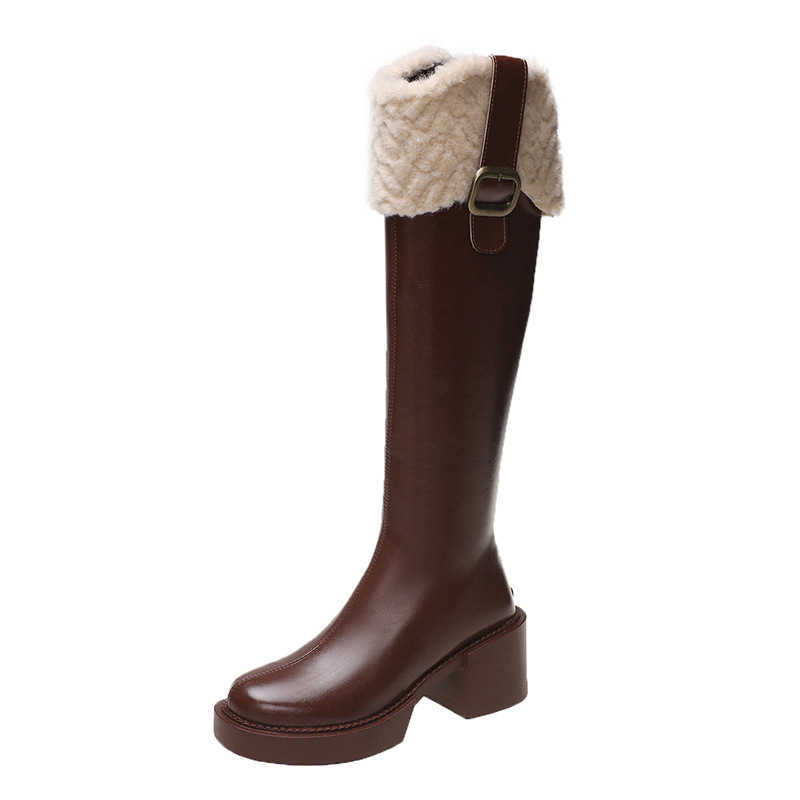 CMM Small Height High Heeled Hairy Long Boots for Women Autumn and Winter New Fashion Long Boots Plush Mouth Knight Boots