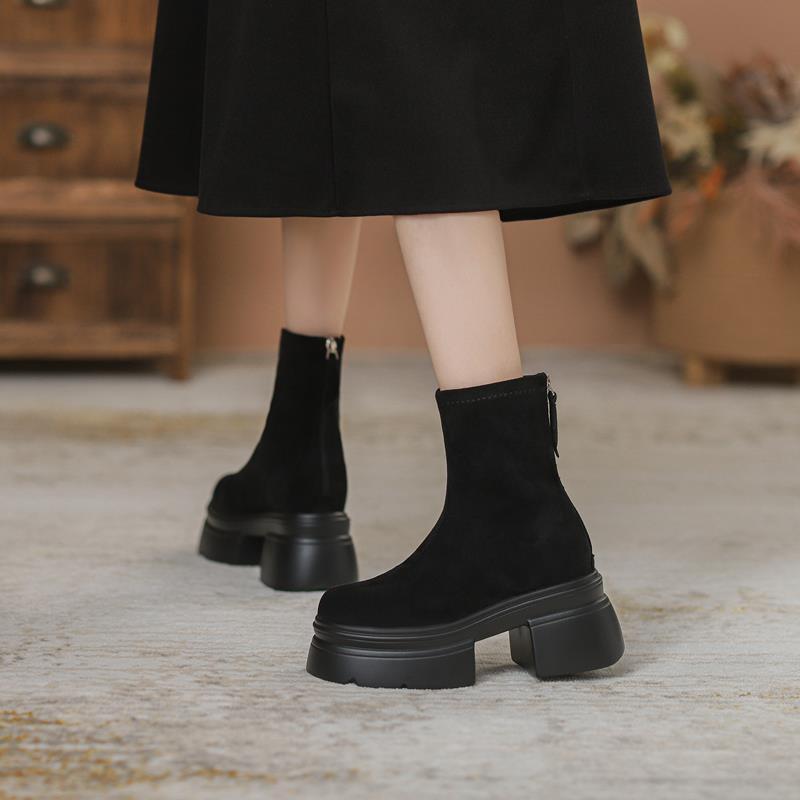 2024 Women's Martin Boots: High-Heel Suede Skinny Boots, Thick Sole, Height Boosting, Minimalist Design, Black/Apricot, Free Shipping 3f24