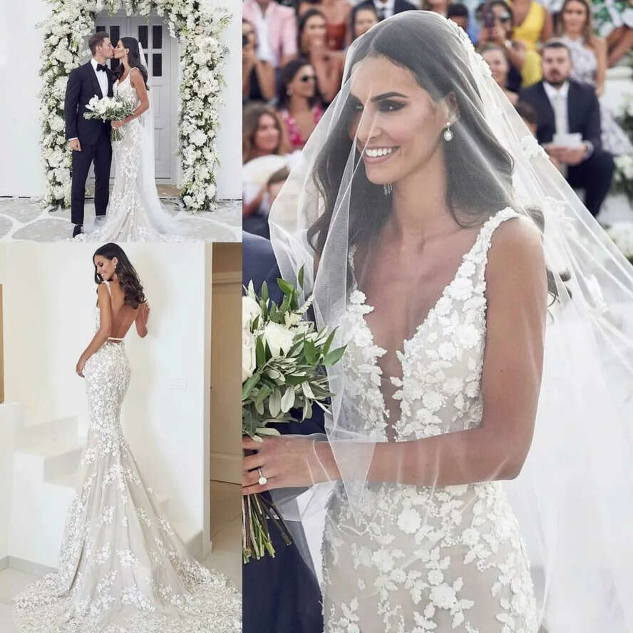 Sexy Backless Mermaid Beach Dresses V-Neck 3D Lace Applique Sweep Trumpet Garden Bridal Wedding Dress